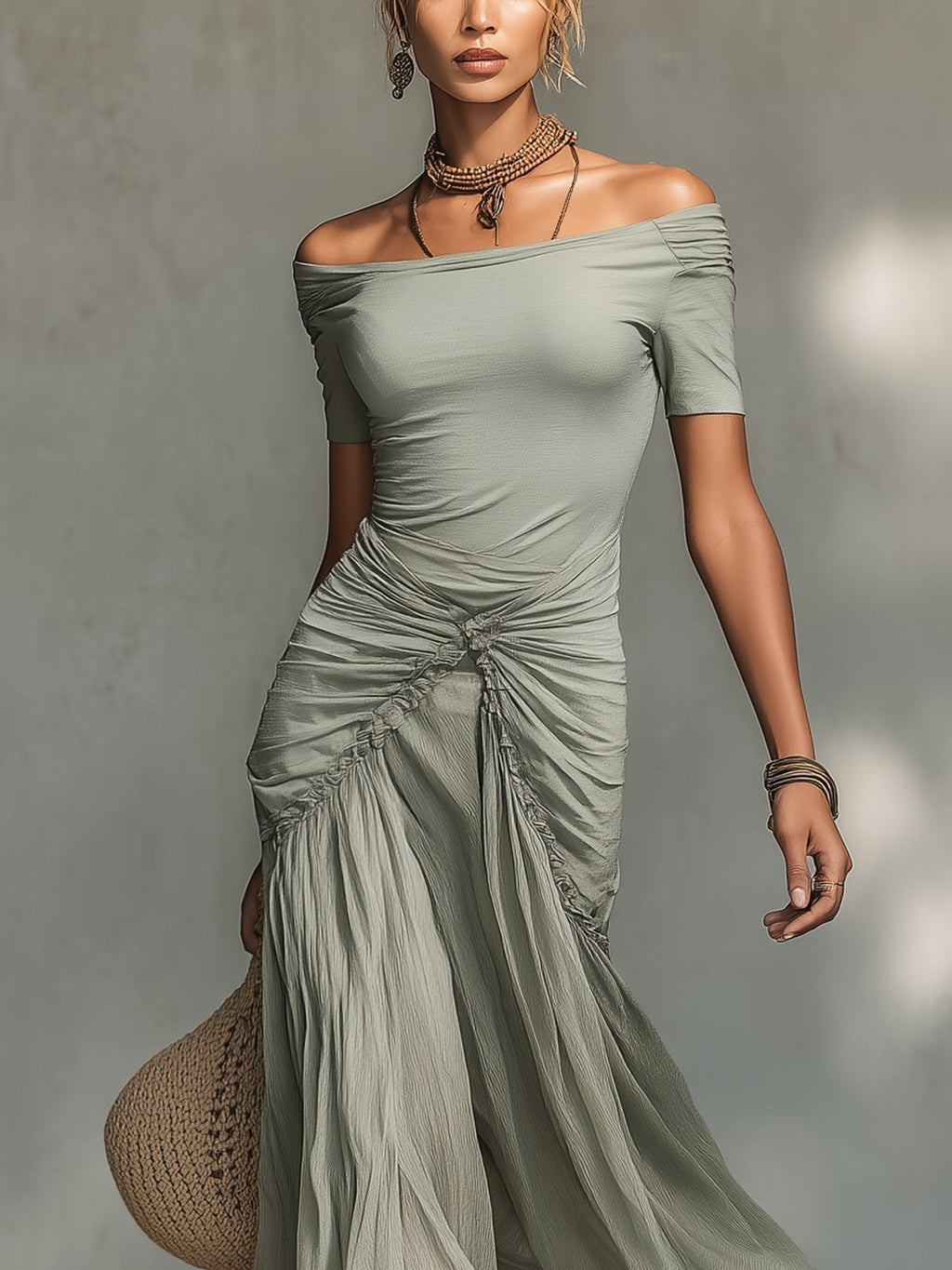 Celine™ | Grey Stretch Fabric And Chiffon Maxi Dress