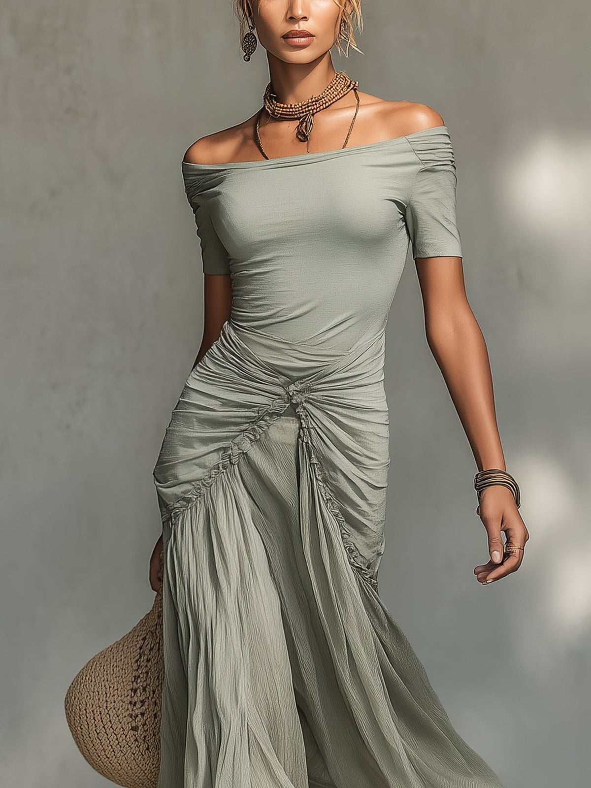 Celine™ | Grey Stretch Fabric And Chiffon Maxi Dress