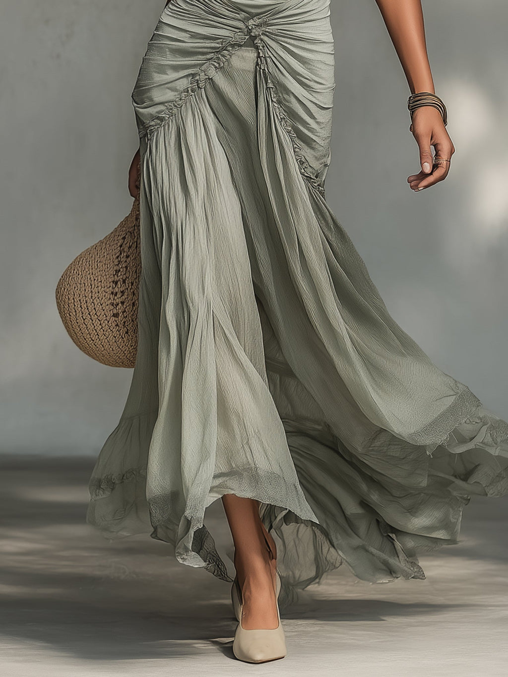 Celine™ | Grey Stretch Fabric And Chiffon Maxi Dress