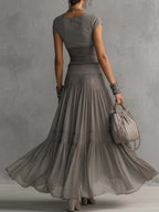 Grey Sheer Lace-Paneled Top and Pleated Maxi Skirt Set