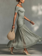 Celine™ | Grey Stretch Fabric And Chiffon Maxi Dress