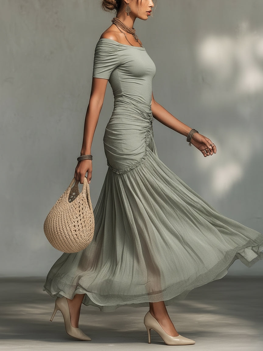 Celine™ | Grey Stretch Fabric And Chiffon Maxi Dress