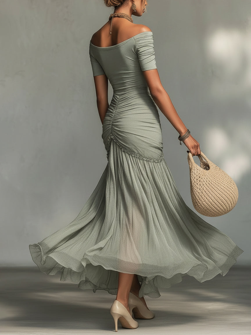 Celine™ | Grey Stretch Fabric And Chiffon Maxi Dress