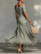 Celine™ | Grey Stretch Fabric And Chiffon Maxi Dress