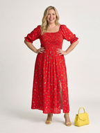 Delphine | Square Neck Floral Puff Sleeve Midi Dress