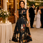 Black Keyhole Collar Floral Pleated Satin Midi Dress