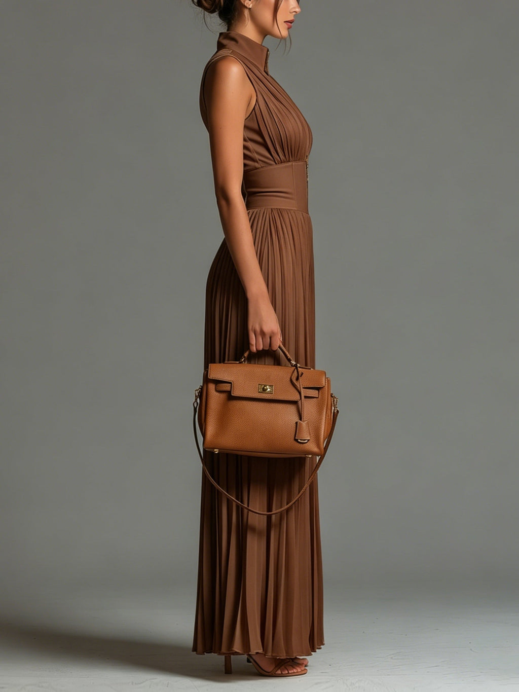 Mirelda™ | Brown Pleated Wide Leg Jumpsuit